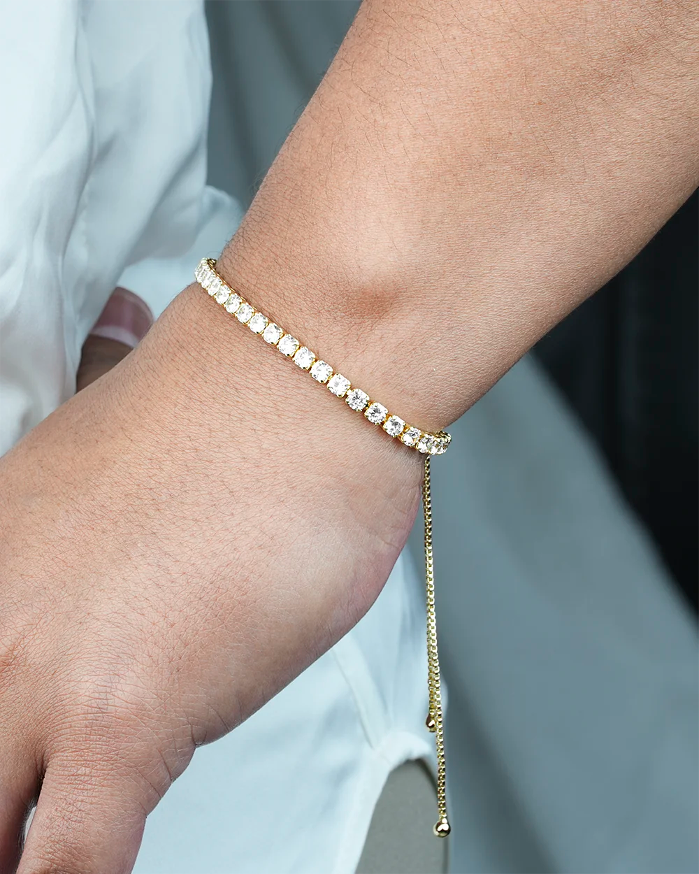 Adjustable Box Chain Bracelet With Clear CZs