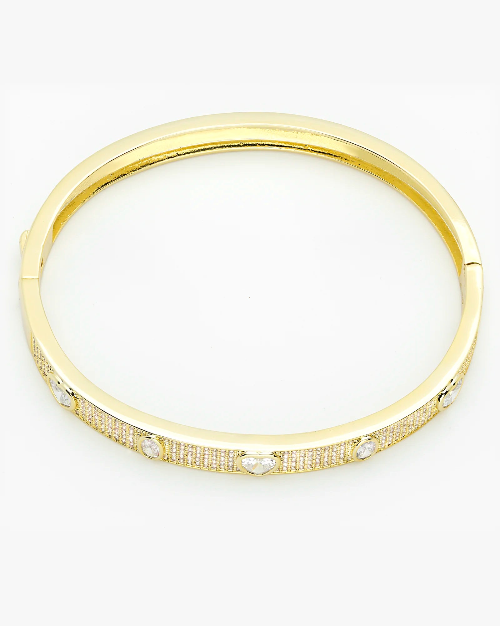 Elegant Heart CZ Paved Stone Gold Bangle Bracelet