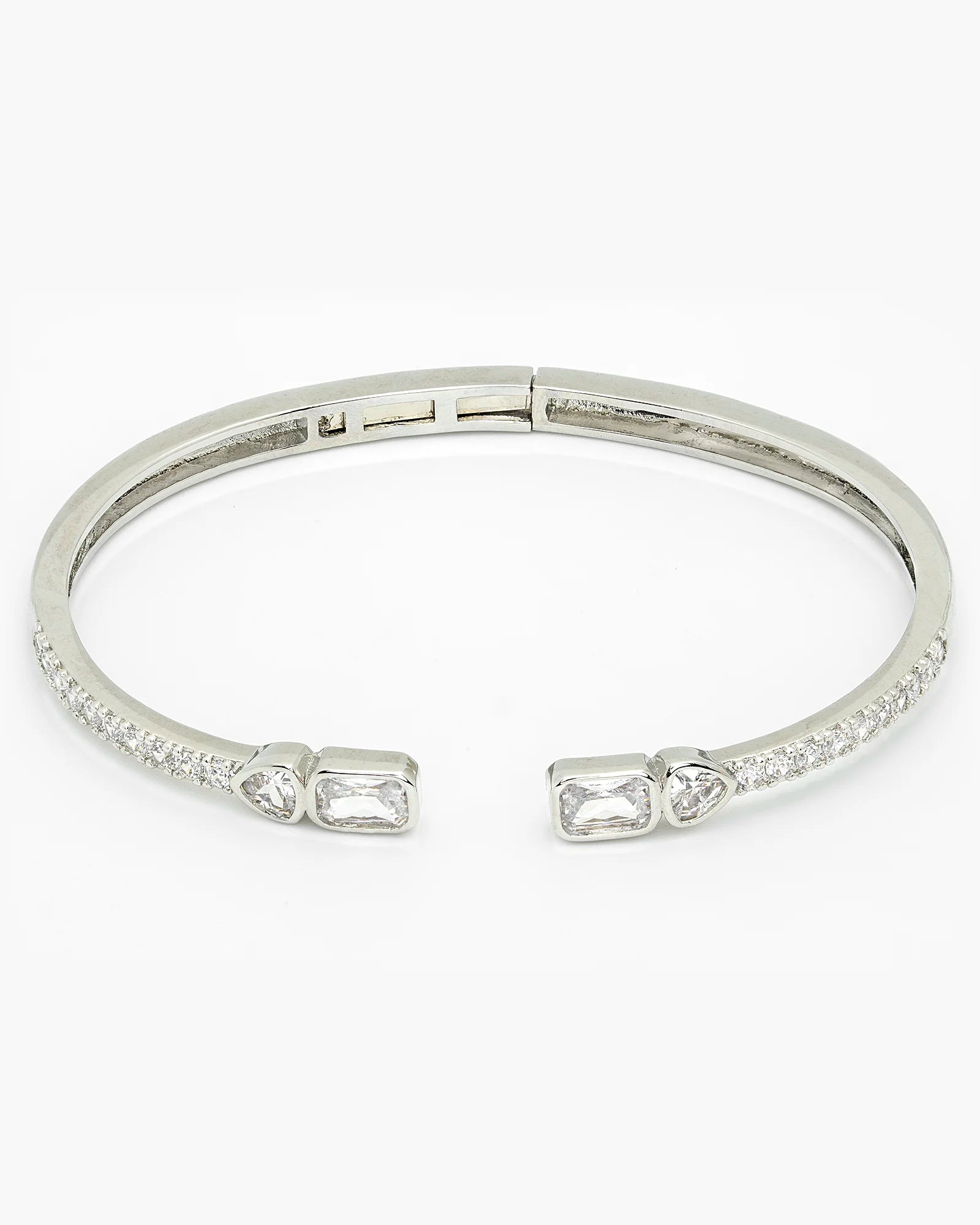 Pave CZ Baguette and Heart Rhodium Bangle