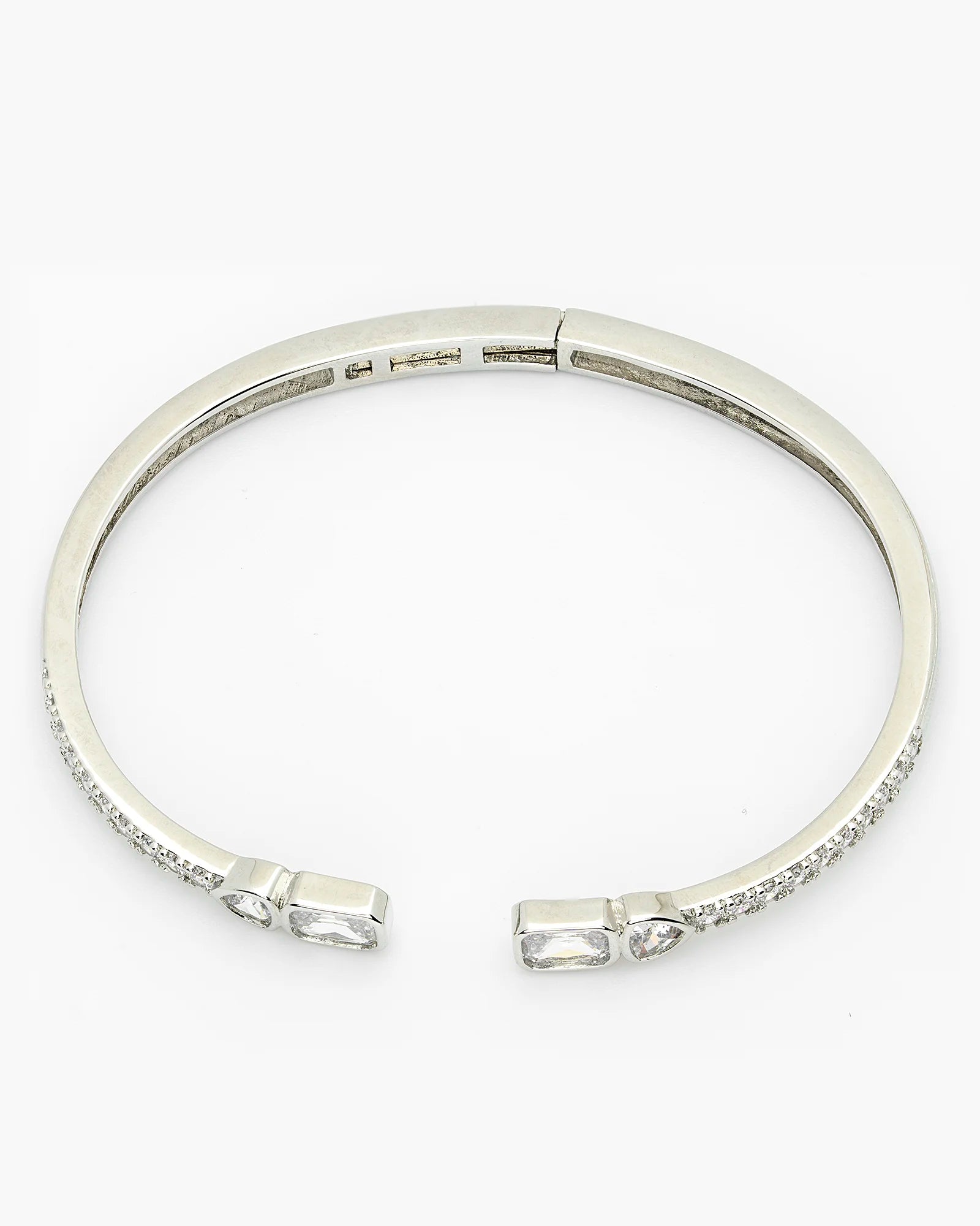 Pave CZ Baguette and Heart Rhodium Bangle