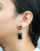 Women wearing Rectangular Natural Black Gemstone Dangle Earrings EG2400077