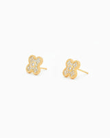 Gold earrings with floral design on a white background