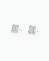 Pair of silver clover-shaped earrings on a white background