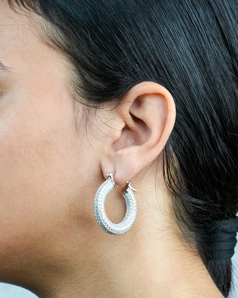 Thick Chunky Back Hoop Earrings With CZ Stones