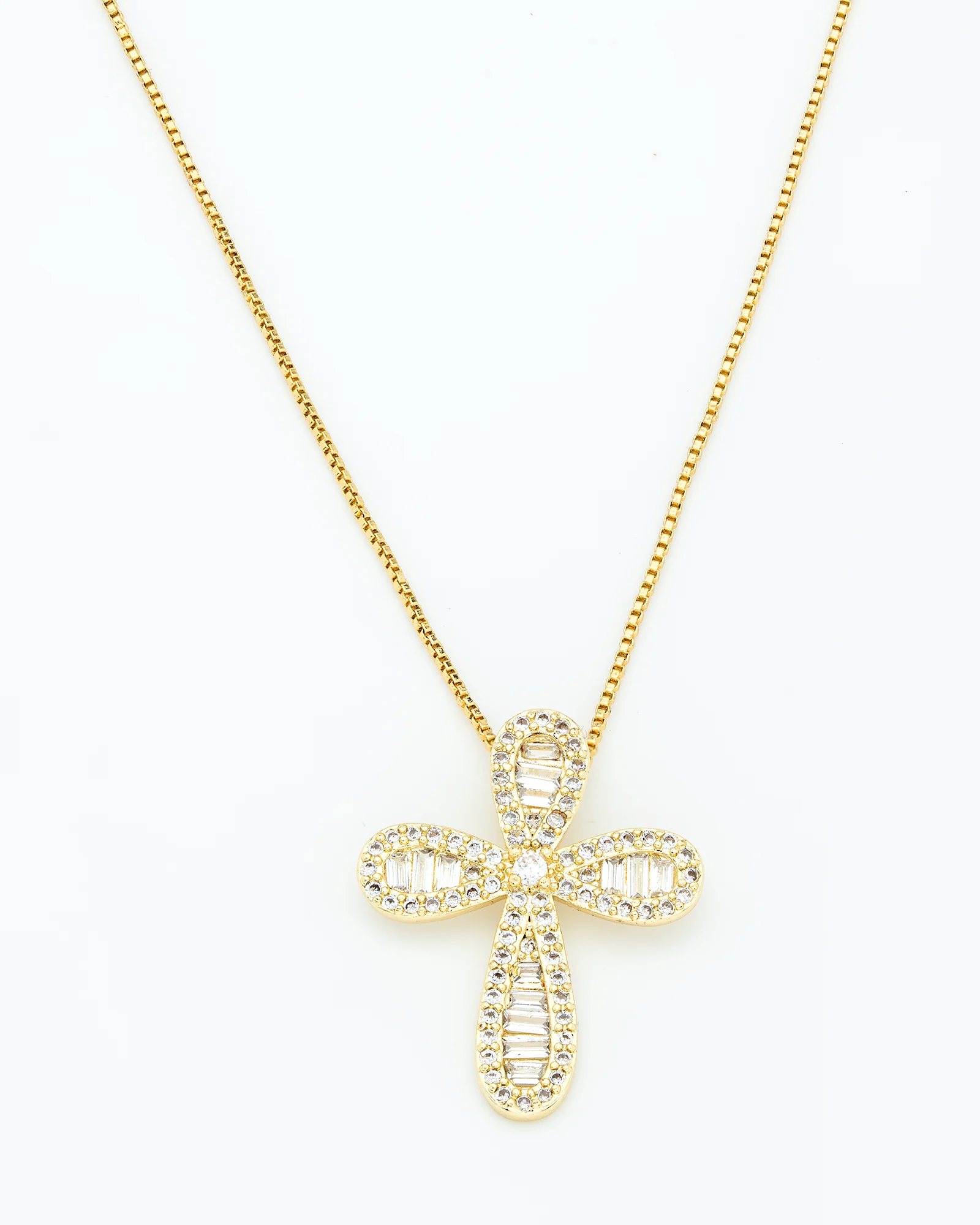 Baguette Cross Rhodium Chain Necklace