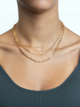 Gold chain necklace on a person wearing a dark green top against a white background