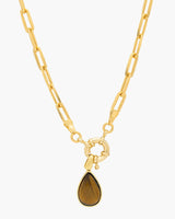 Gold Brown Pear Stone pendant and Paperclip Chain Necklace.