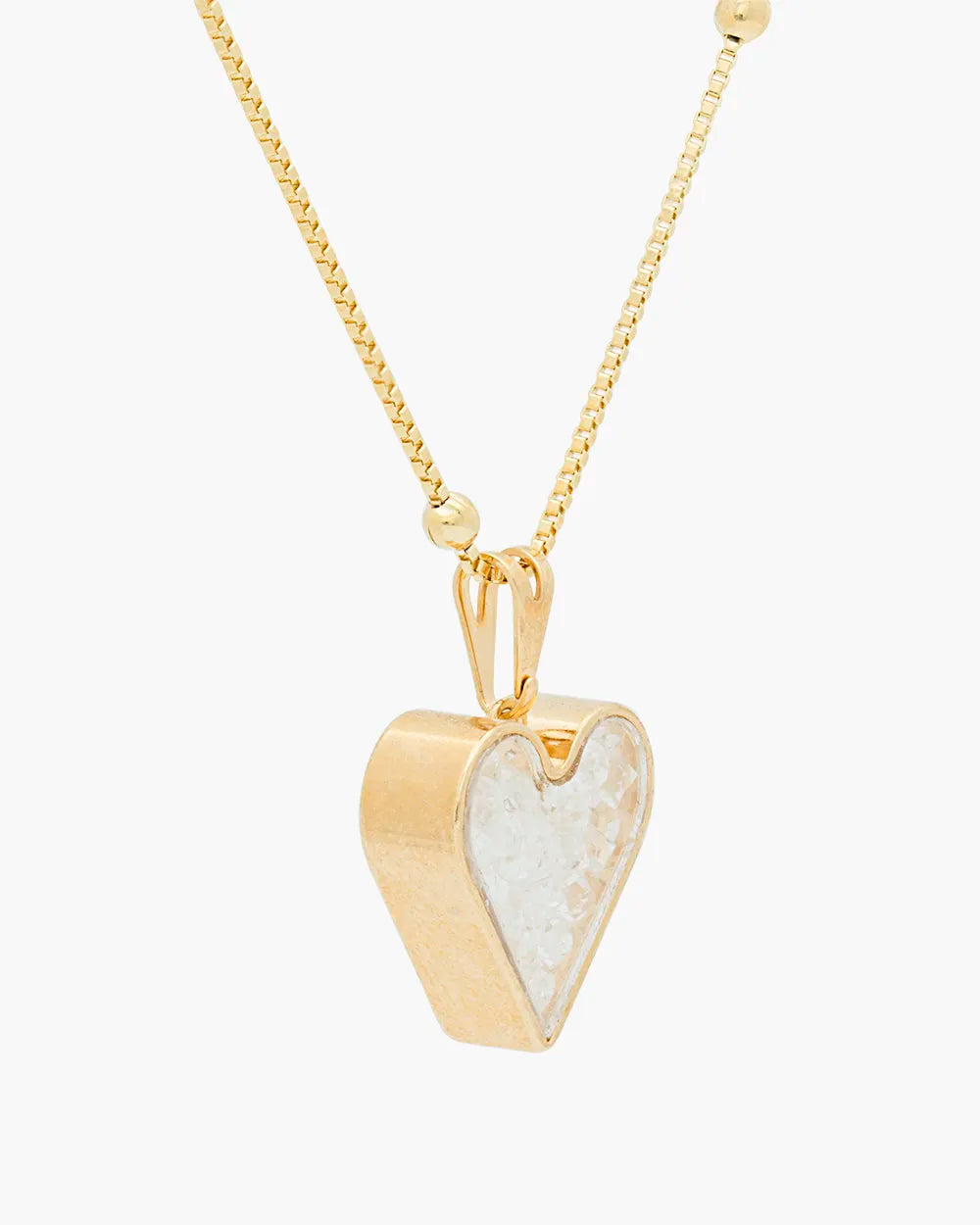 Heart Case Pendant With CZ Stones Box Chain On Gold Ball Chain