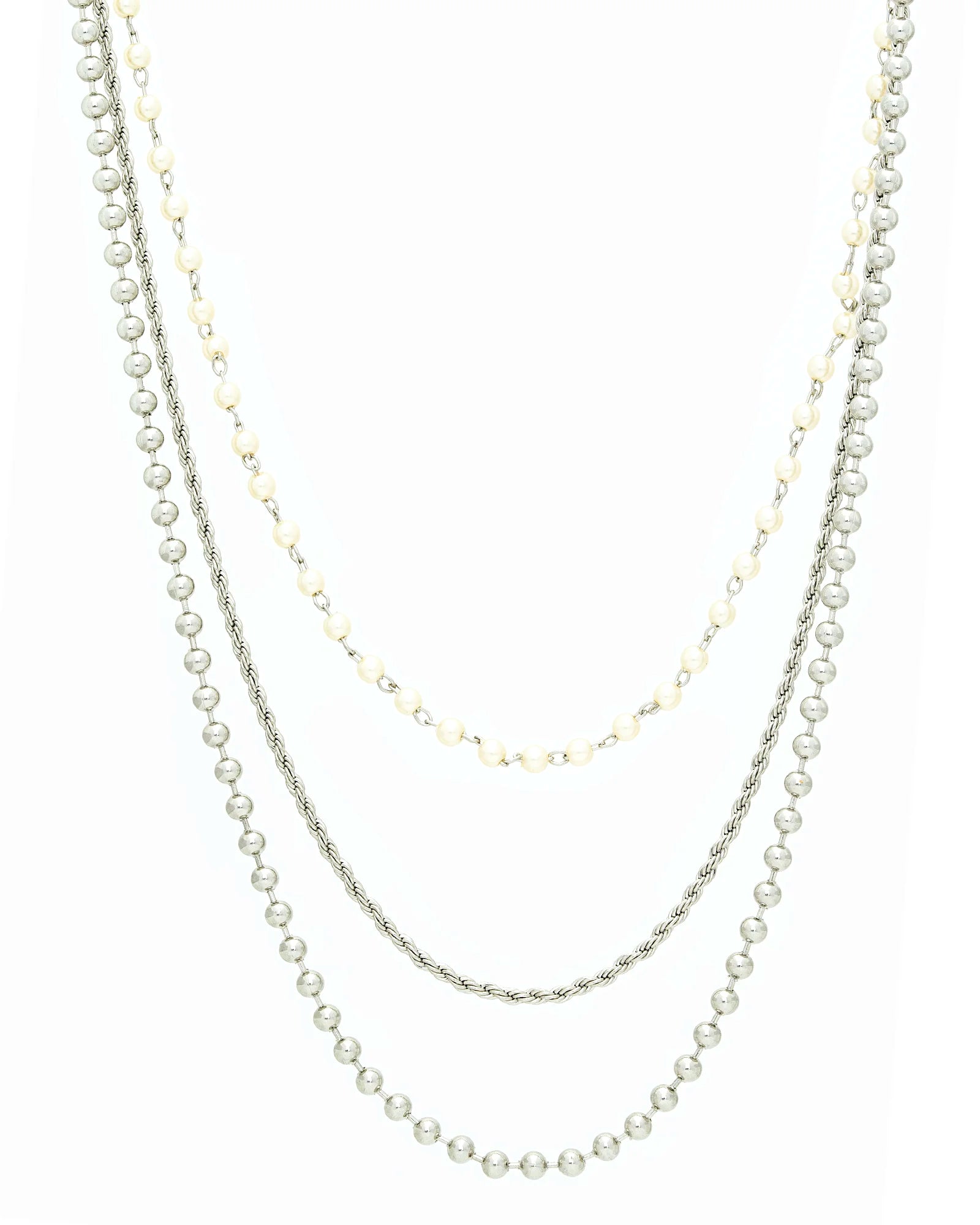 Rhodium Triple Layered Beaded Rope Pearl Necklace