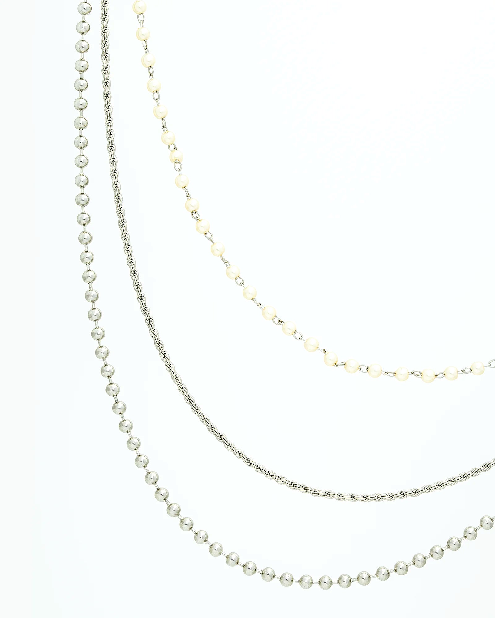 Rhodium Triple Layered Beaded Rope Pearl Necklace