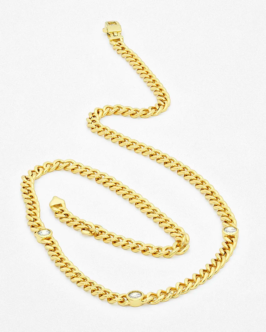 Triple CZ Gemstone Cuban Link Bracelet and Necklace Set