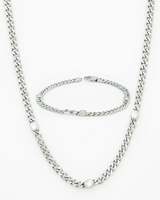 Triple CZ Gemstone Rhodium Cuban Link Necklace and Bracelet Set SR2400005