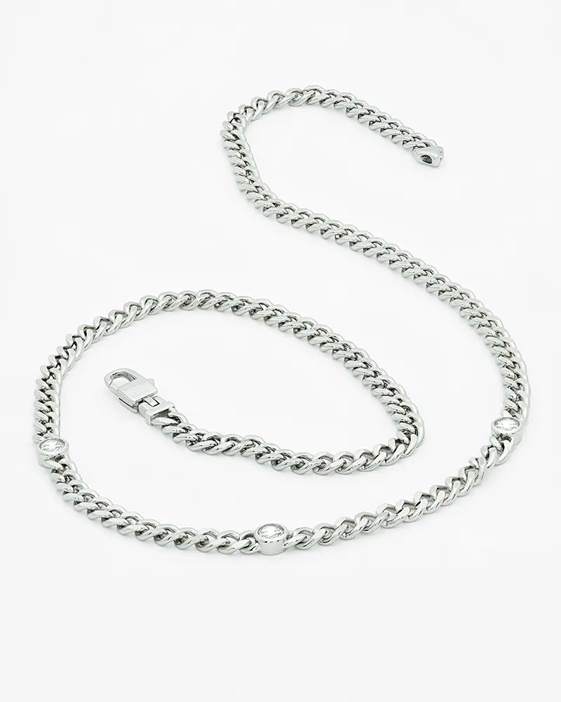 Triple CZ Gemstone Rhodium Cuban Link Necklace and Bracelet Set